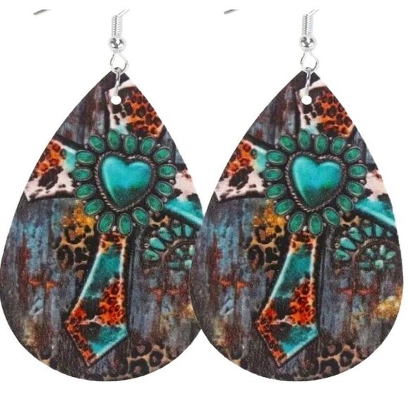 Cross Leather Dangle Earrings‎ New - Picture 1 of 2